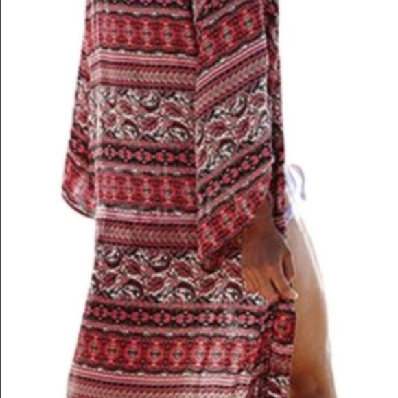 5⭐️ Red Boho Print Swim Coverup Open Front OS - Picture 4 of 8
